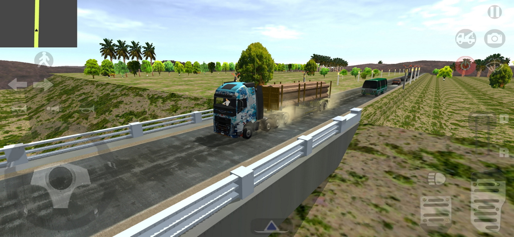 Truck Simulator Real - Un camión azul transportando troncos sobre un puente en Truck Simulator Real