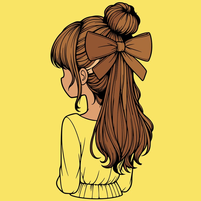 realistic girl  with hip length hair a bun and a big bow on the back of head
