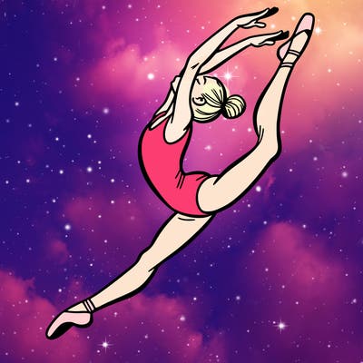 gymnast doing a leap in a leotard with a bent back leg