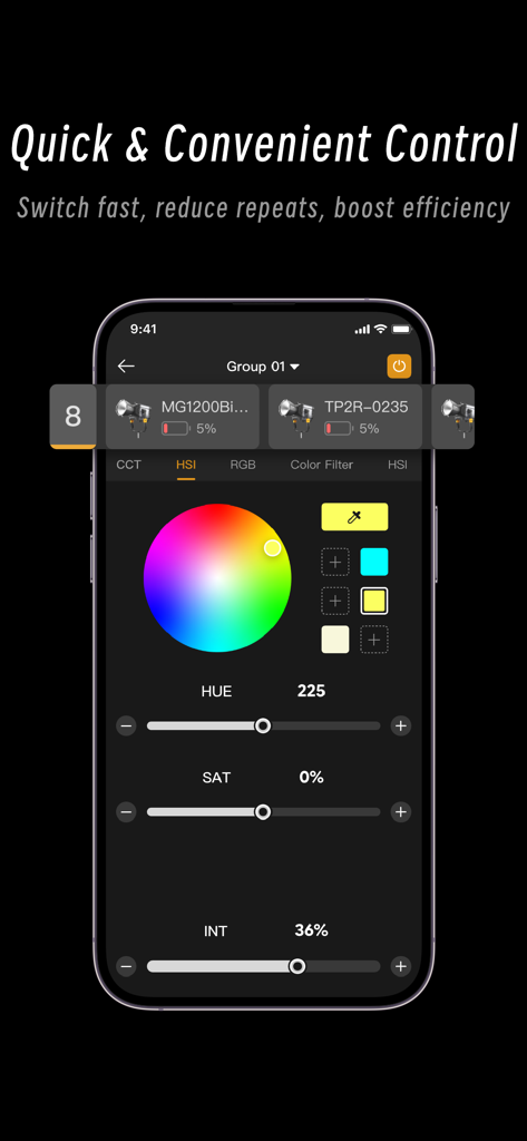 Godox Light mobile app interface showing HSI color wheel and brightness controls for professional studio lighting