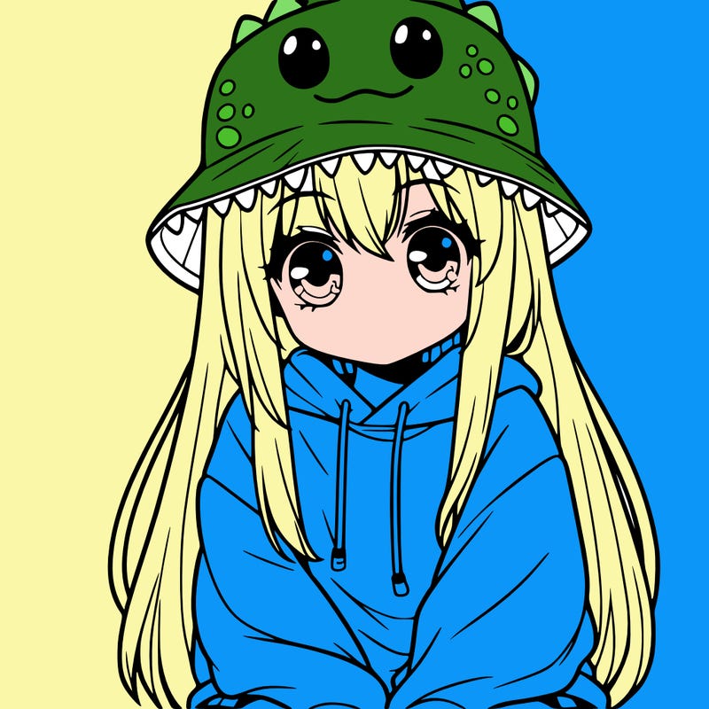 girl with anime shaped eyes with a dinosaur bucket hat oversized sweatshirt long straight hair