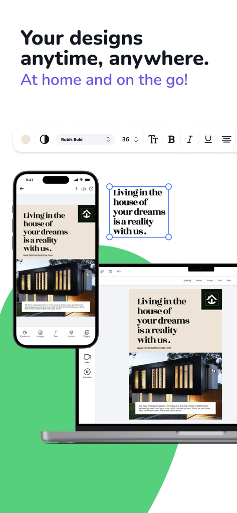 Desygner: Design Any Graphic - Desygner app interface on mobile and desktop displaying a real estate flyer design
