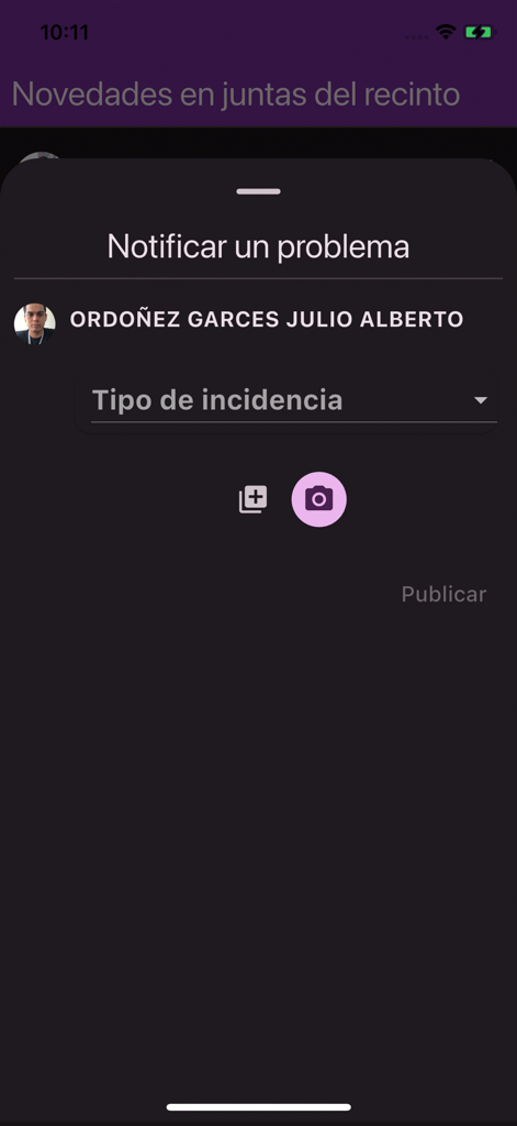 Interface pour signaler les incidents électoraux et prendre des photos dans l'application eXACTO 2025