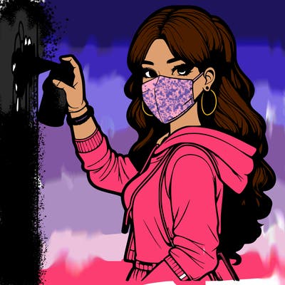 realistic girl with mask spray painting a wall