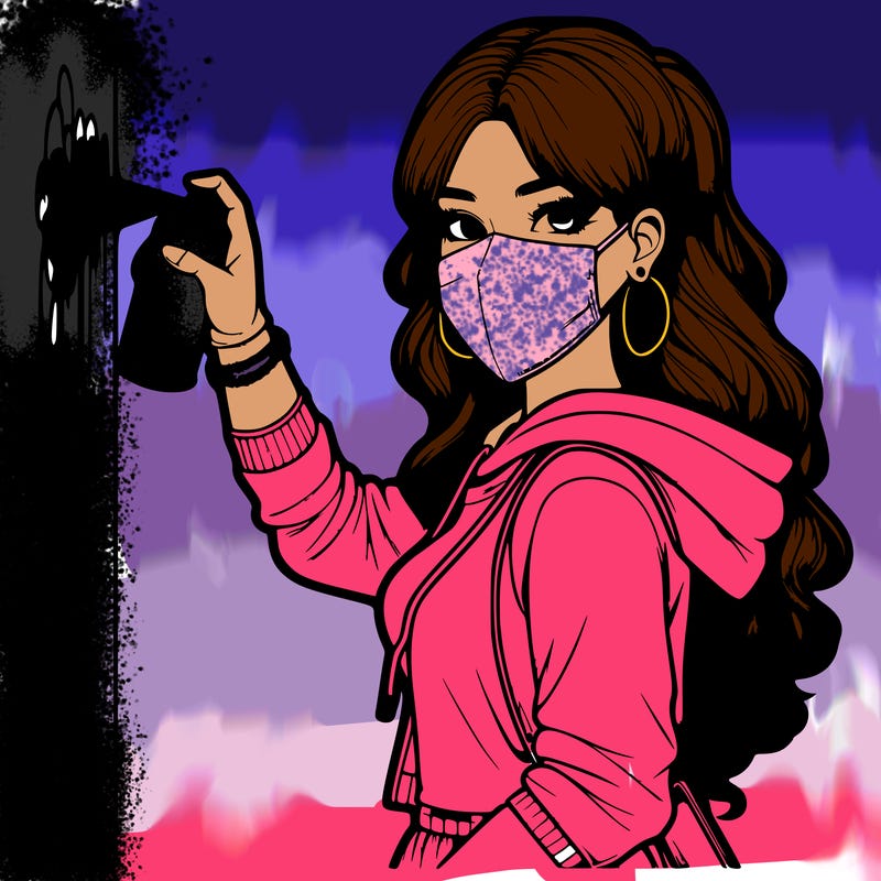 realistic girl with mask spray painting a wall