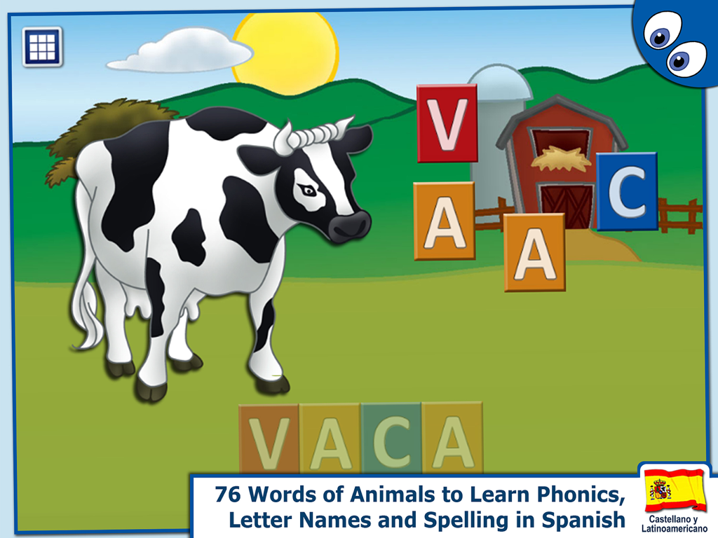 Spanish vocabulary game screen showing a cow and the word vaca to spell