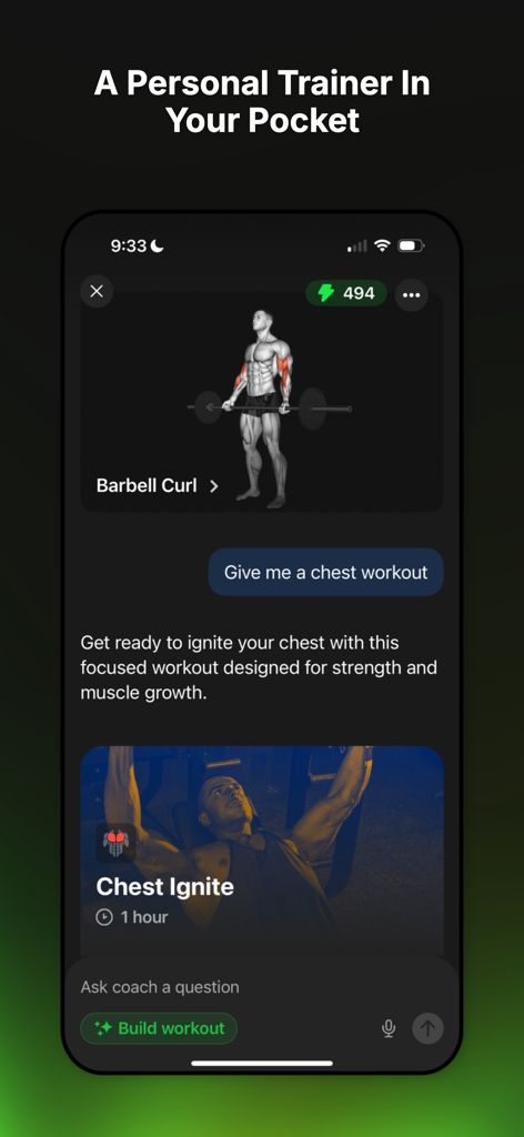 Top Challenger app interface featuring an AI coach generating a personalized chest workout.