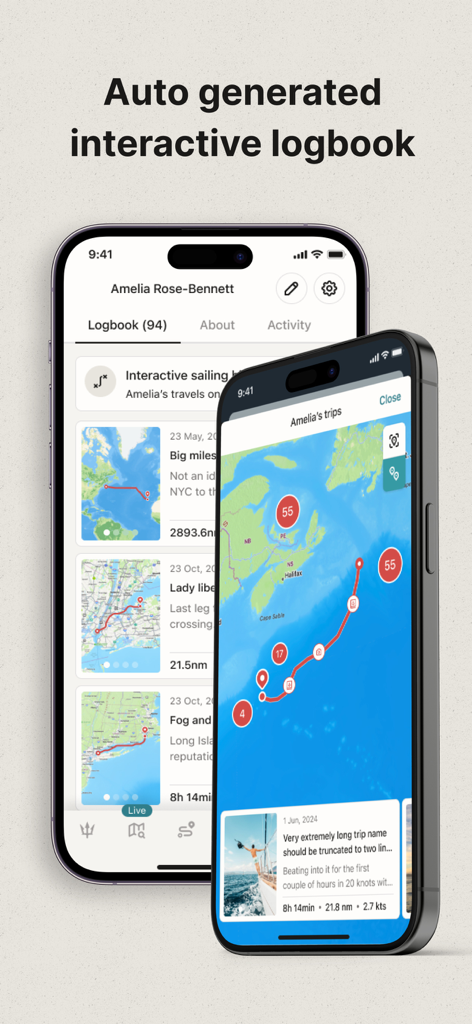 SeaPeople mobile app displaying an interactive logbook of boat trips and nautical maps