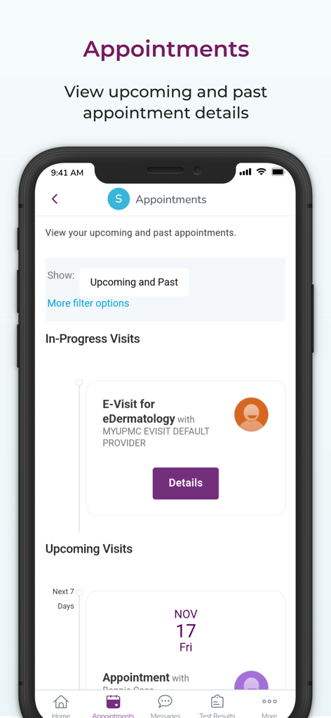 MyUPMC mobile app interface displaying upcoming and past medical appointment details