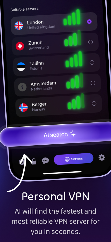 AI Security: ThreatBlocker VPN - AI Security VPN interface showing a list of optimized servers and an AI search button for automatic selection