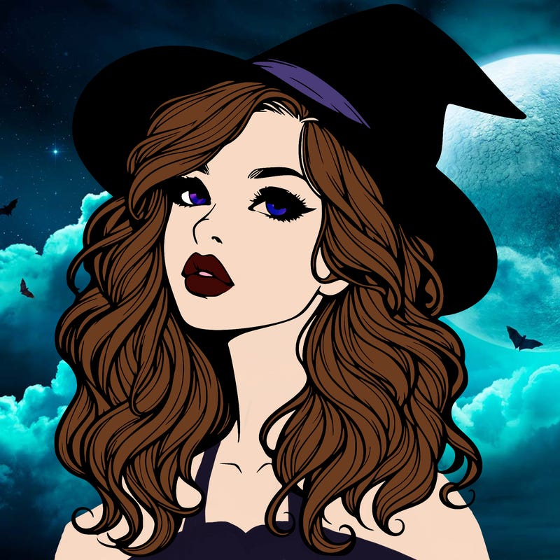 realistic witch girl with wavy hair and lips