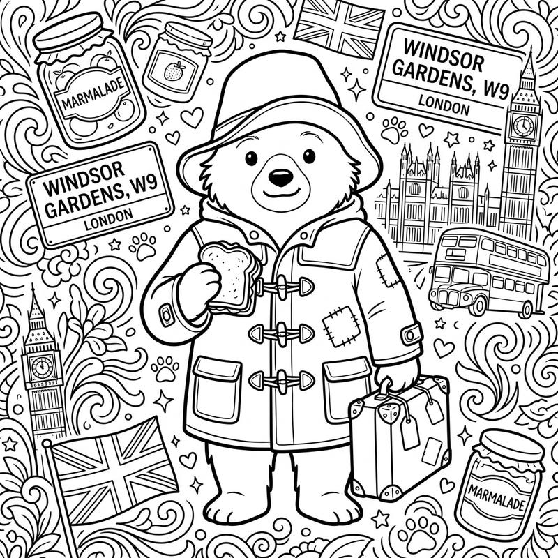Join Paddington Bear on a delightful coloring journey through London, surrounded by iconic sights and his favorite marmalade. This charming template offers intricate details and beloved characters, perfect for fans of all ages to express their creativity.