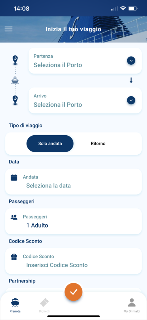 Ferry booking interface on the Grimaldi Lines mobile application