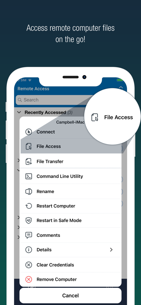 Interfaz de la aplicación móvil RemotePC que muestra una lista de herramientas de gestión remota con la opción de acceso a archivos resaltada