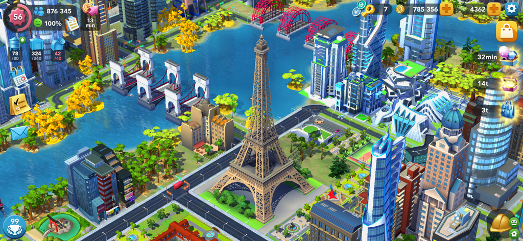 SimCity BuildIt - Vista aerea di una metropoli fiorente in SimCity BuildIt con la Torre Eiffel come monumento e moderni grattacieli