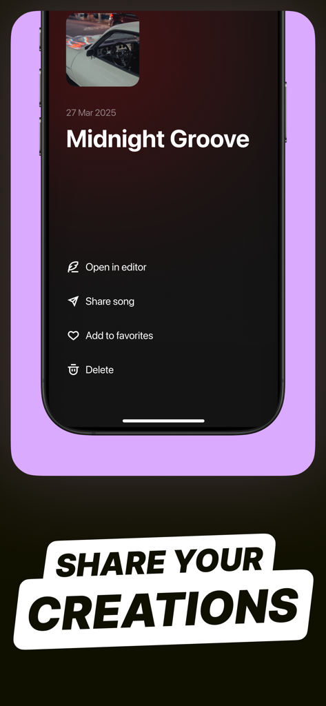 Lyric Studio - Rap Rhyme Maker - Interfaz de la aplicación Lyric Studio mostrando opciones para compartir una creación musical titulada Midnight Groove
