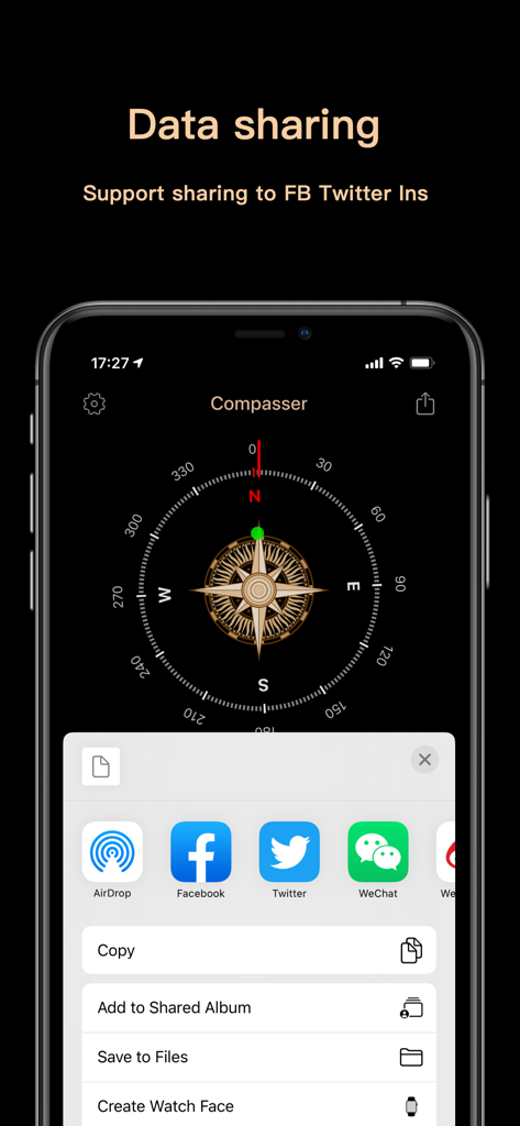 Compasser-GPSアプリのインターフェース。ソーシャルメディアプラットフォームへのデータ共有オプションが表示されています。