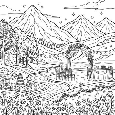 Color a beautiful wedding day set in a breathtaking landscape. This intricate page features mountains, a winding river, and a romantic floral ceremony.