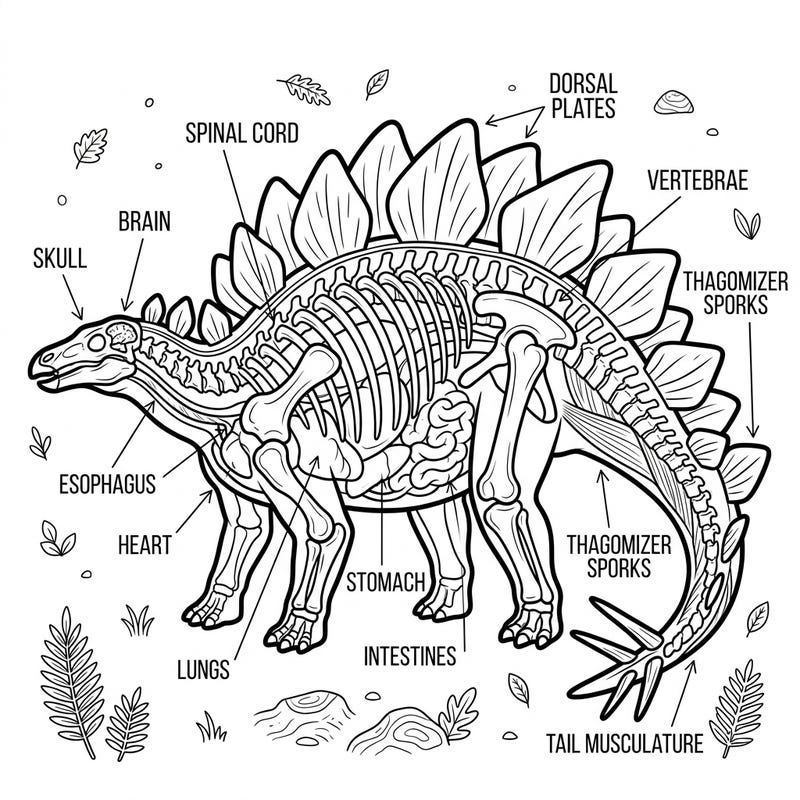 Dive deep into prehistory with this educational Stegosaurus anatomy coloring page. Discover the internal structure of this mighty dinosaur as you color each intricate detail.