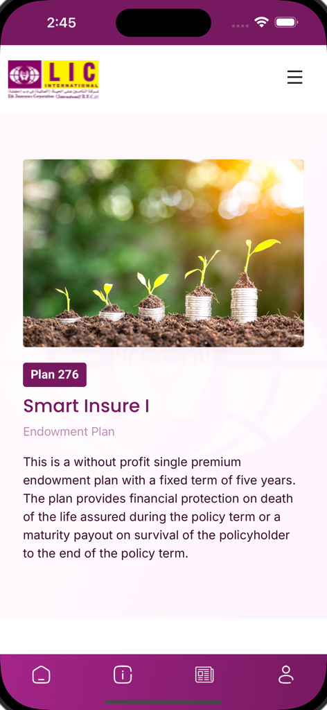 Seite der mobilen LIC International App mit Informationen zum Smart Insure I Kapitallebensversicherungsplan.