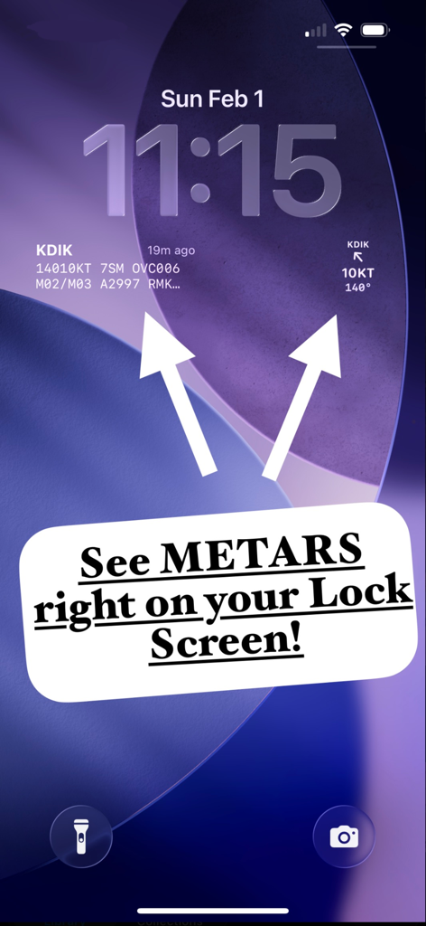 Modern METAR Widget - iPhone lock screen displaying aviation weather METAR widgets with airport data and wind information