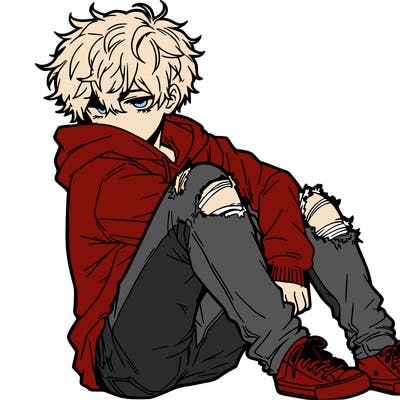 a male hoddie ripped jeans messy hair anime