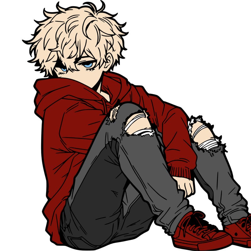 a male hoddie ripped jeans messy hair anime