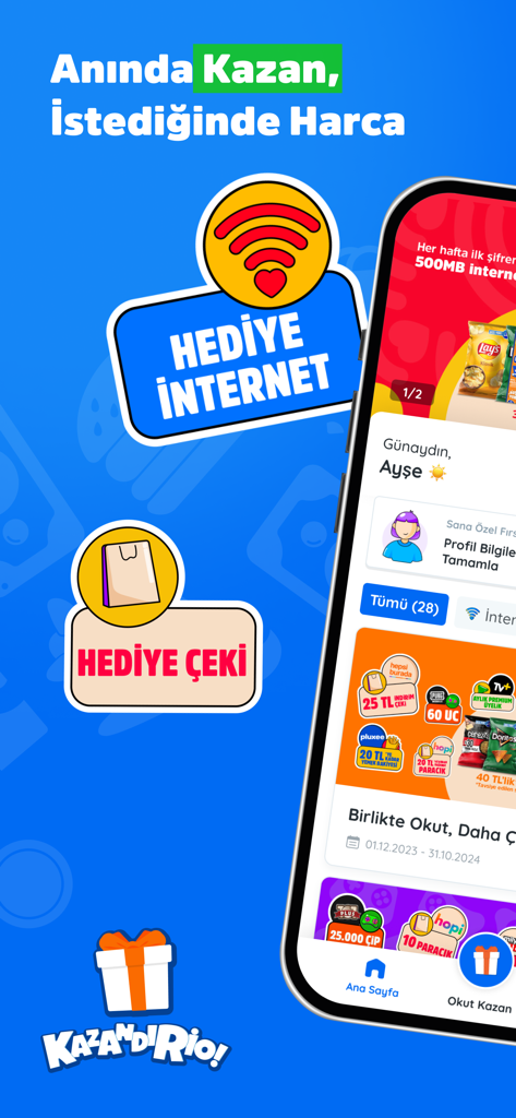 Kazandirio mobile app interface showing loyalty rewards including gift internet and shopping vouchers for snack brands.