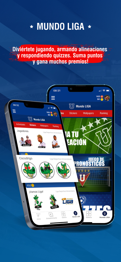 LDU Oficial - Sección Mundo LIGA de la aplicación LDU Oficial mostrando stickers y juegos de fútbol interactivos para aficionados.