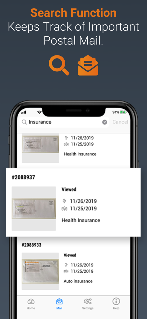 Anytime Mailbox Virtual Mail - Search function interface in the Anytime Mailbox app for organizing digital postal mail