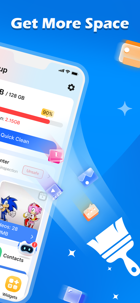 Interface of AI Assistant app highlighting the Get More Space feature with storage analysis and quick clean button