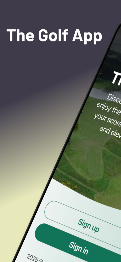 The Golf App | All-in-one - Welcome screen of The Golf App showing sign up and sign in buttons over a golf course image