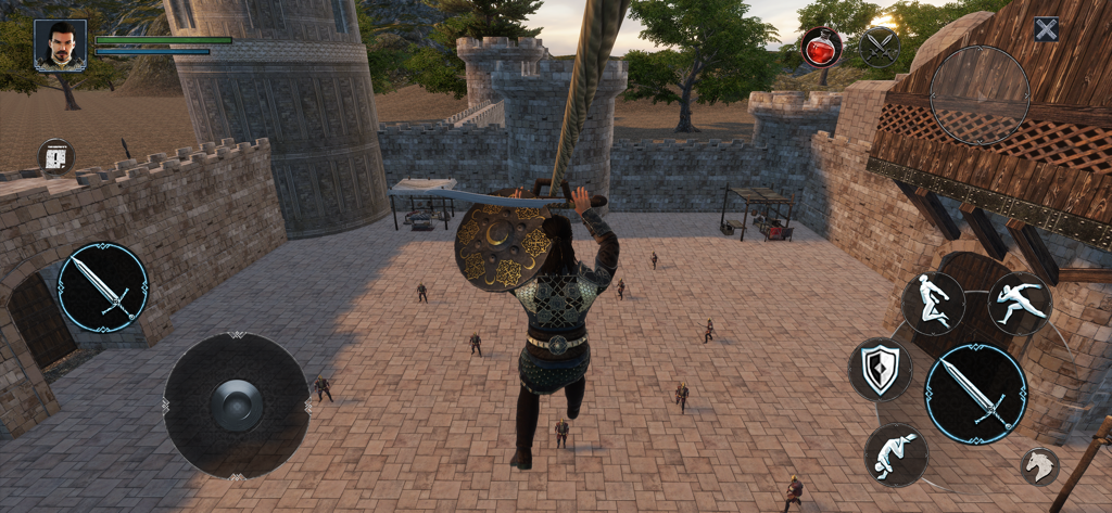 Alparslan: Warlord RPG Game - Un guerrero utiliza una tirolina para descender al patio de un castillo medieval en Alparslan Warlord RPG.