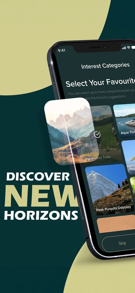 Safarjala - オマーンでの旅行の興味カテゴリや冒険アクティビティを選択するためのSafarjalaモバイルアプリインターフェース