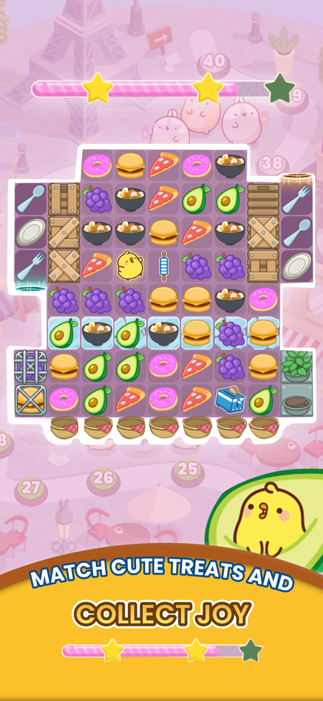 Molang Match'n Munch - A match 3 puzzle grid from Molang Match n Munch featuring cute food items like donuts and pizza with character Piu Piu