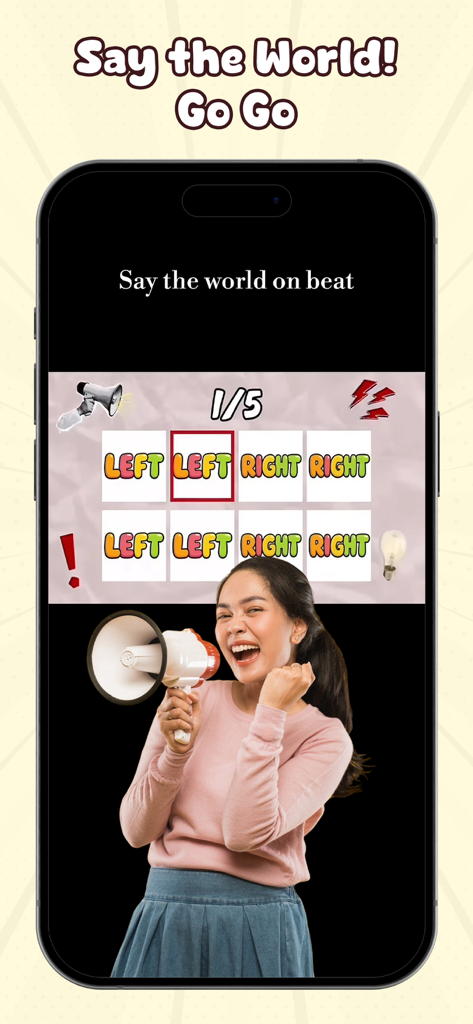 Rhythm game interface screen with directional cues and a cheering woman holding a megaphone