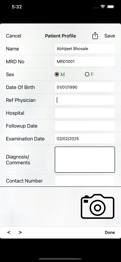 MII Ret Cam Pro-Patient Pofile - MII Ret Cam Pro Patientenprofil-Formular zur Eingabe von Krankenblattdetails und klinischen Daten