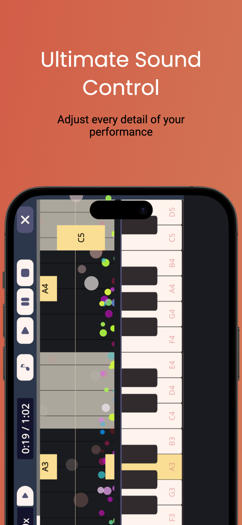 Simple Arranger Keyboard - Interfaz de aplicación móvil con un teclado de piano y un secuenciador MIDI para la edición de notas musicales.