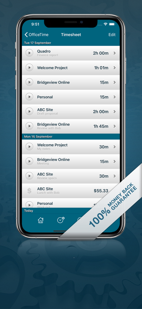 OfficeTime Time Keeper Pro - OfficeTime Pro timesheet interface displaying tracked time for various client projects