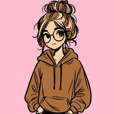teen girl with a messy bun and glasses wearing a loose hoodie and jeans
