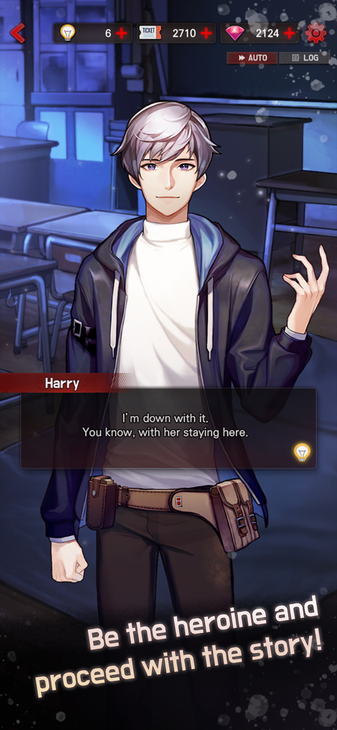 A screenshot of the character Harry in the otome game Dangerous Fellows, featuring a webtoon art style and dialogue in a dark classroom setting.