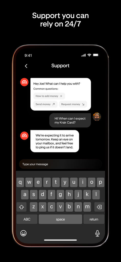 Krak: Money & Crypto Transfer - Krak 고객 지원 채팅 인터페이스를 보여주는 모바일 앱 스크린샷: 24시간 연중무휴 도움말 대화 표시
