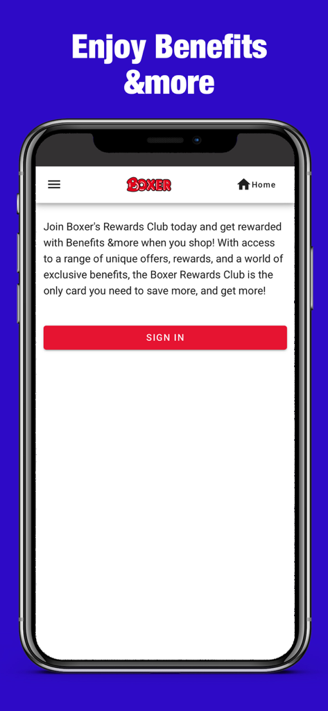 Boxer - Smartphone screen showing the Boxer app sign in page for the Rewards Club benefits
