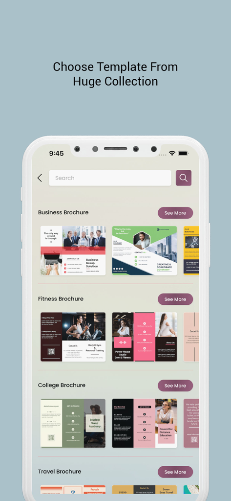 Brochure Maker - Infographic - Mobile app interface showing a wide variety of brochure templates for business, fitness, and college marketing.