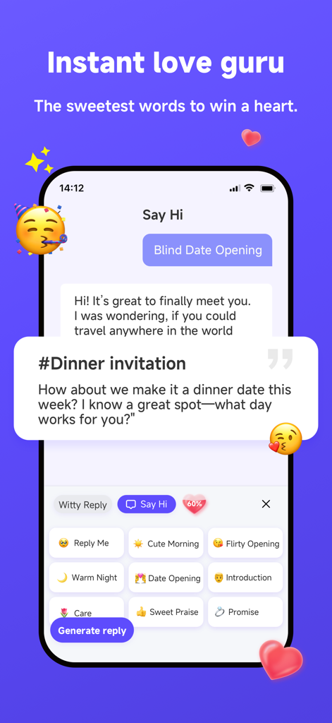 A smartphone screen showing the Muah AI keyboard generating a dinner invitation and displaying various romantic conversation categories like flirty opening and date opening.