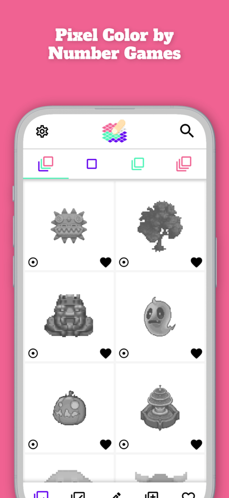 Oberfläche der Pixel Color by Number App, die eine Galerie von Graustufen-Pixel-Art-Designs zum Ausmalen zeigt.