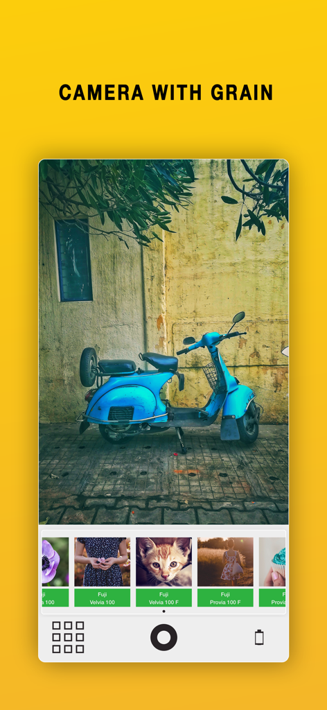 Live film grain camera interface showing a blue vintage scooter with film stock filters