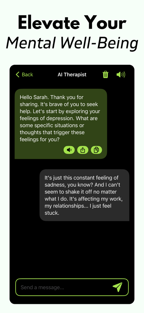 AI Therapist: Therapy Chatbot - A chat screen between an AI therapist and a user discussing feelings of sadness and depression.