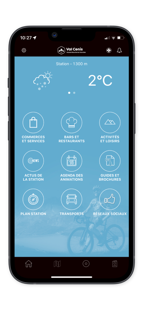 Val Cenis mobile app home screen showing local weather conditions and navigation icons for resort services.