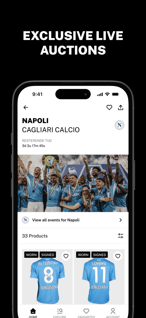 Interface de l'application MatchWornShirt montrant des enchères en direct pour des maillots de Naples dédicacés et portés en match par McTominay et Lukaku.